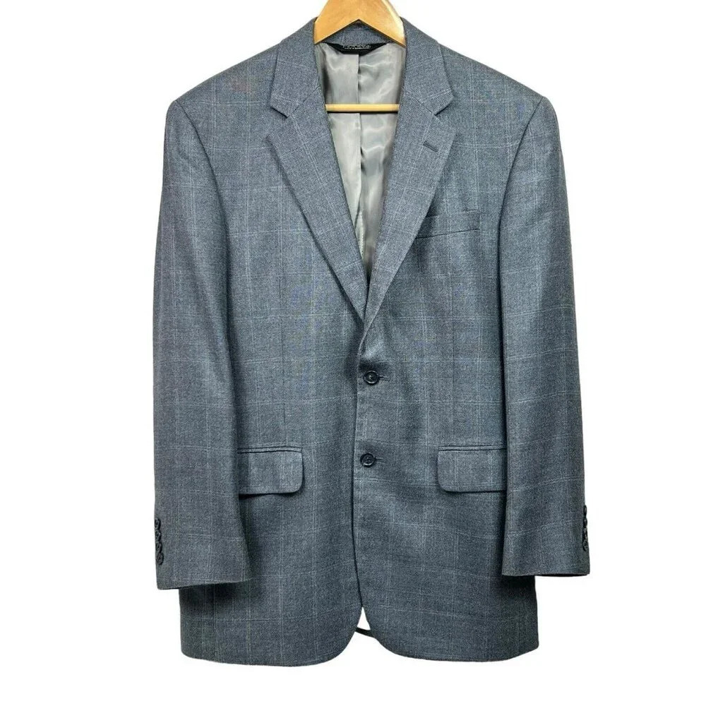 JOS A BANK Blue Gray Windowpane 100% WOOL Sport Coat Suit Jacket Blazer 39 R